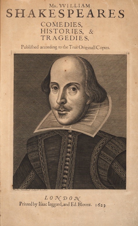 Cover page of "Mr. William Shakespeares Comedies, Histories, & Tragedies." Also shows woodcut of Shakespeare.
