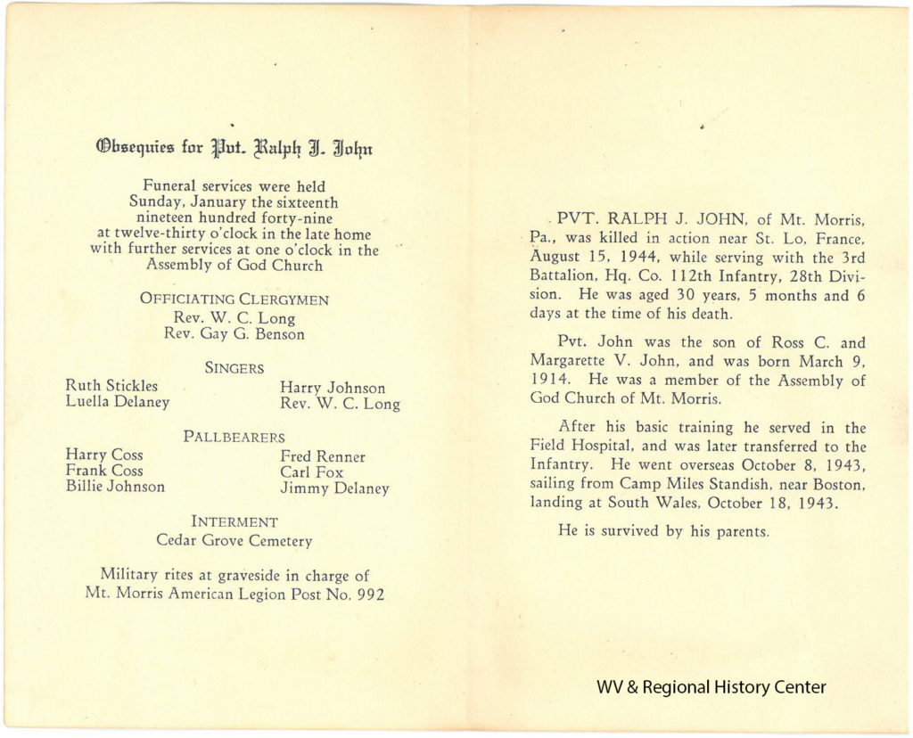 Funeral Program Card for Private Ralph J. John