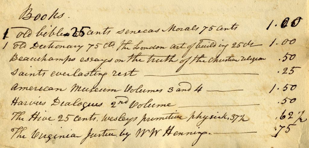 Detail of handwritten Appraisal of William Haymond Estate showing list of books and prices