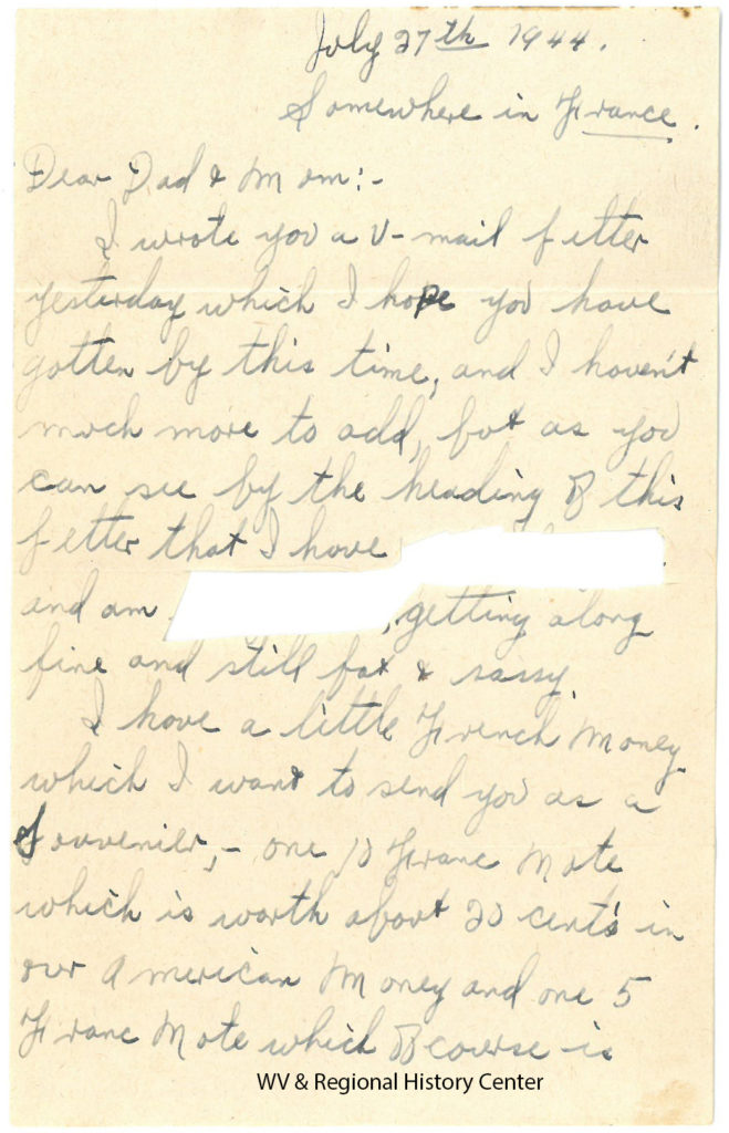 Letter from Private Ralph J. John to his parents, July 27, 1944