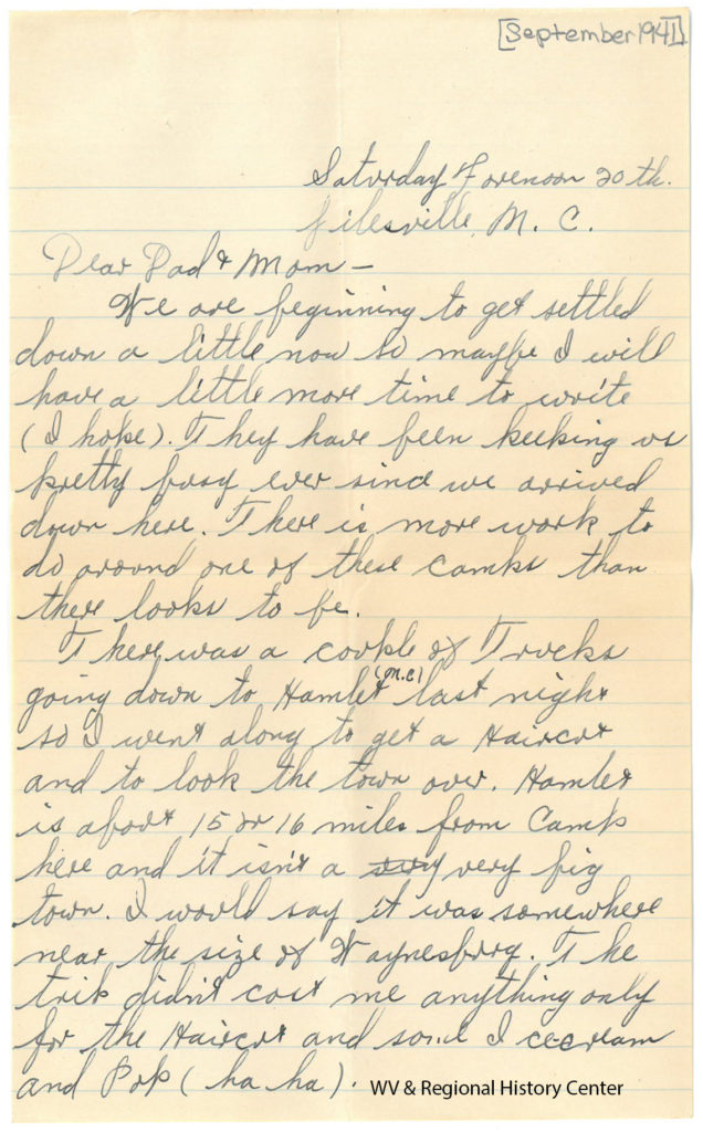 Letter from Private Ralph J. John to his parents, September 1941