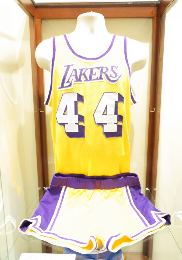 Jerry West's yellow 44 Lakers jersey and shorts