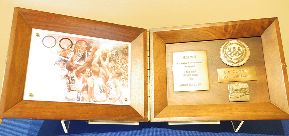 Olympic Plaque commemorating Jerry West's induction into the US Olympic Hall of Fame, with image of Olympic basketball game