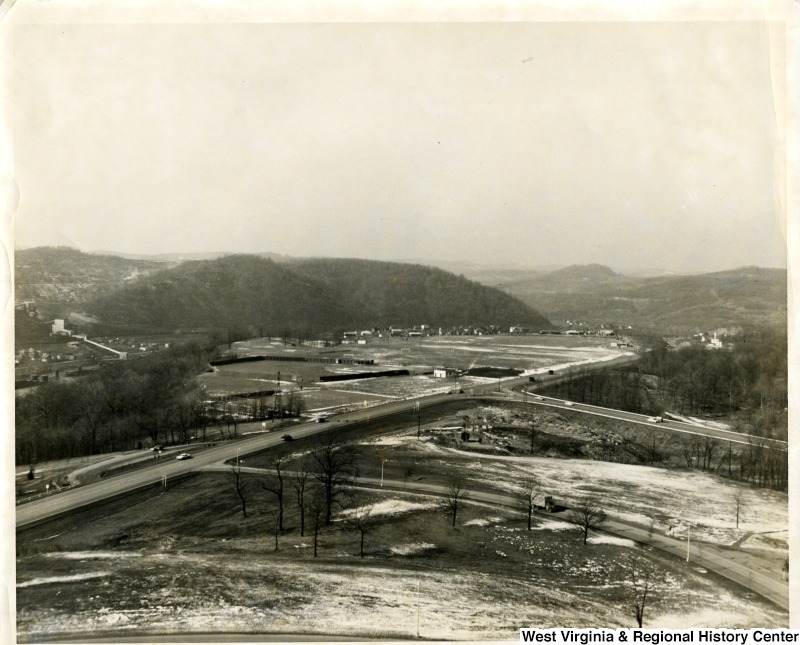 Aerial view of the intersection of Monongahela Boulevard and Patteson Drive, Morgantown, W V, ca. 1960-1970