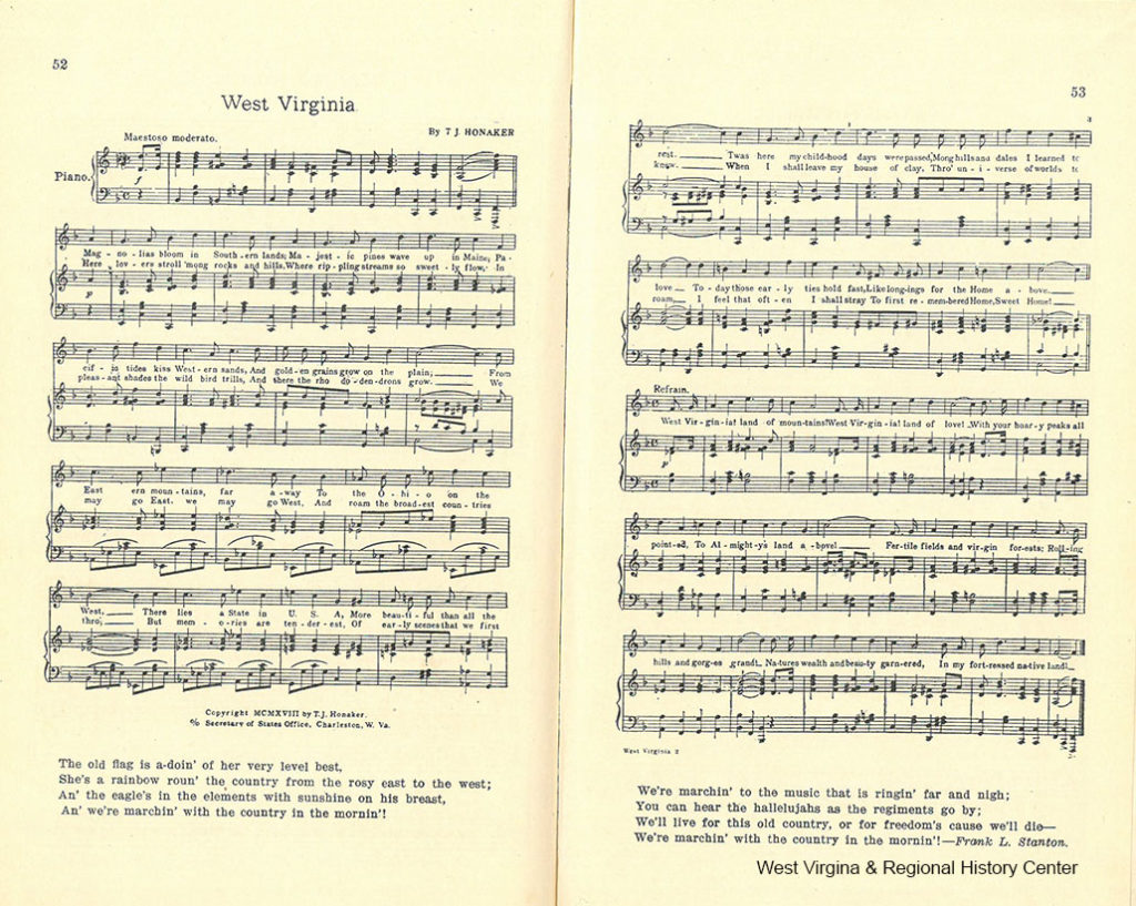 Two pages of music for the song West Virginia in an 1918 Song Book