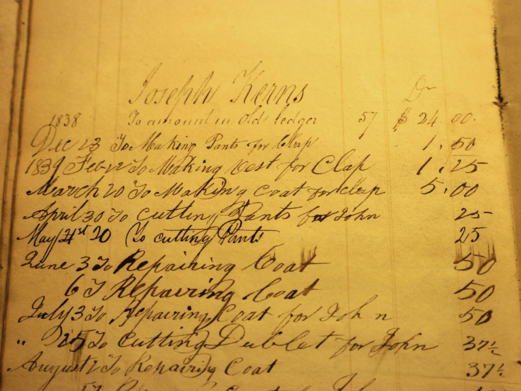 Day book entries for Joseph Kerns, showing date of purchase, item, and price