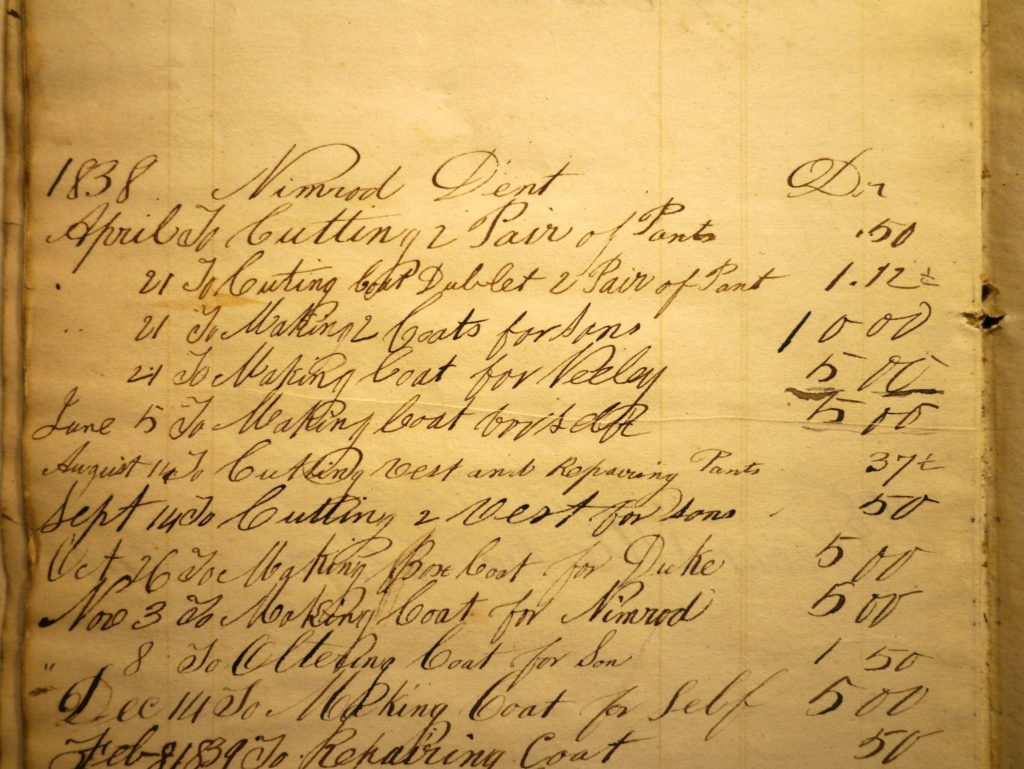 Day book entries for Nimrod Dent, showing date of purchase, item (mostly clothing), and price