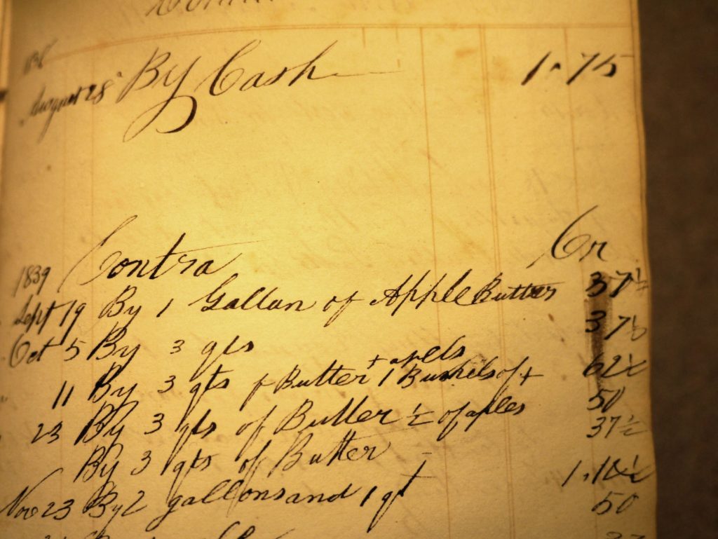 Record of payment with apple butter by Mrs. Owen Harker for a coat for her son