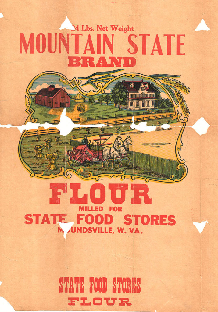 Flour sack proof for Mountain State Brand Flour, showing farm buildings and agricultural equipment