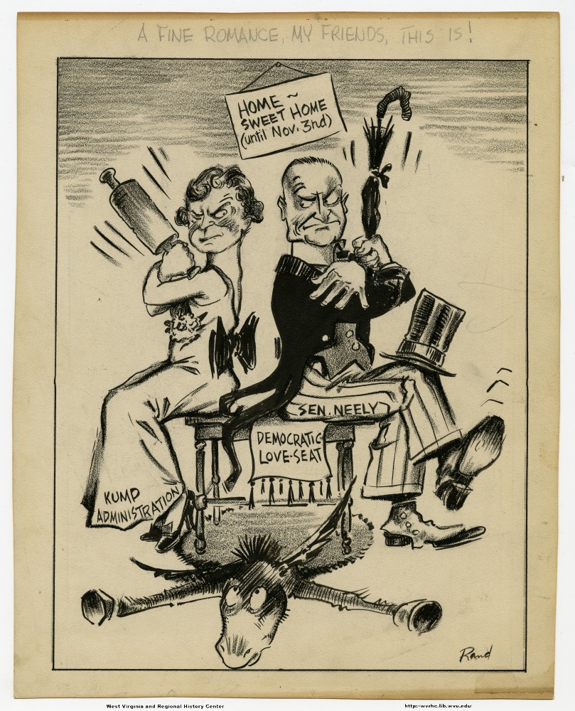 Political Cartoon showing Kump Administration and Senator Neely sitting on the "Democratic Love-Seat" back to back, glaring at each other.