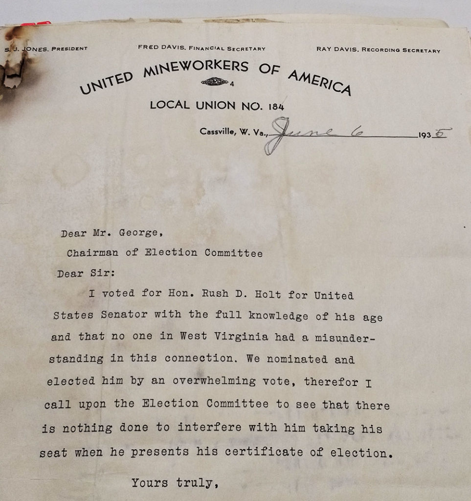 Letter to Chair of Senate Election Committee, on United Mineworkers of America letterhead, asserting that the author meant to vote for Rush Dew Holt.