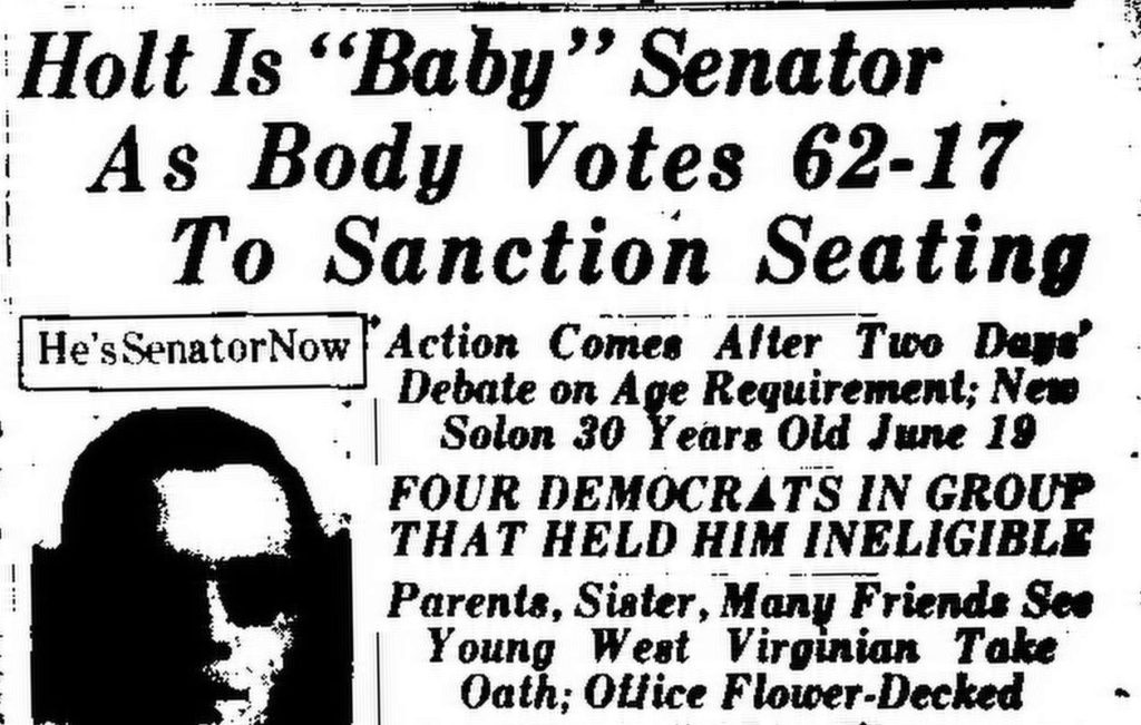 Newspaper clipping with headline about Rush Dew Holt finally being allowed to take his seat in the Senate