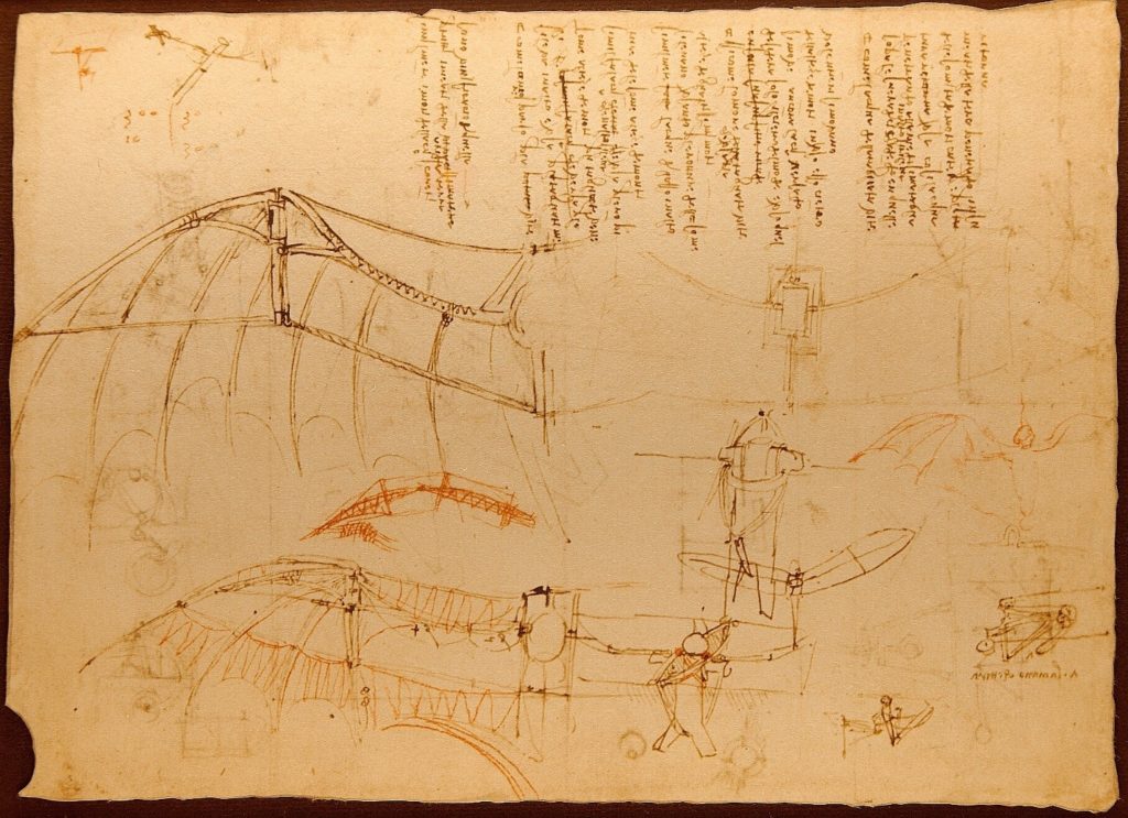 Page of Codice del Volo showing Leonardo da Vinci's drawing of a hang glider type wing