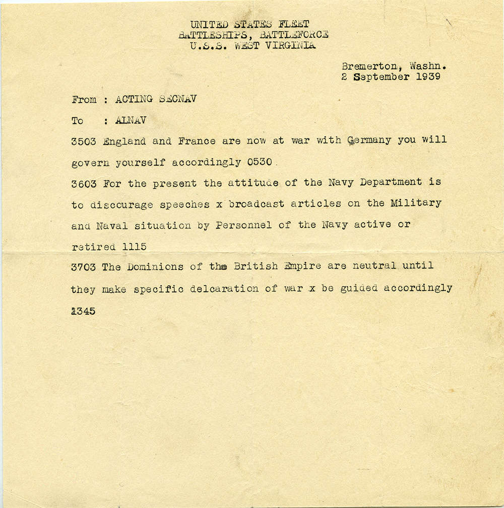 Communication reporting that England and France are at war with Germany and instructing navy personnel to “govern themselves accordingly,” September 2, 1939