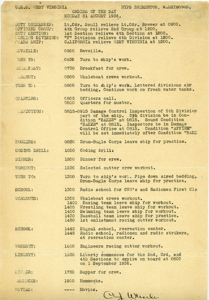 USS West Virginia Orders of the Day, August 31, 1936