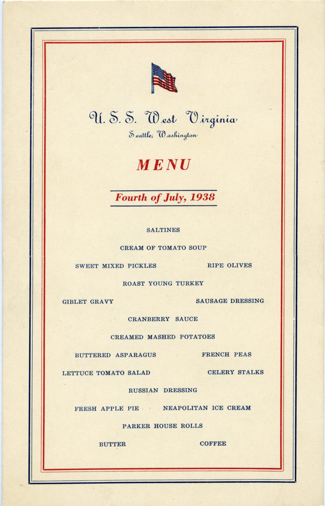 USS West Virginia Independence Day menu, July 4, 1938