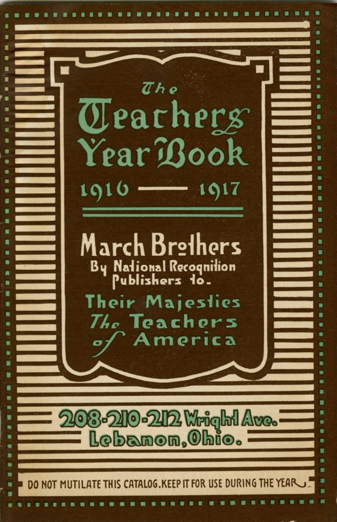 Cover of supply catalog called "The Teachers Year Book 1916-1917" by the March Borthers