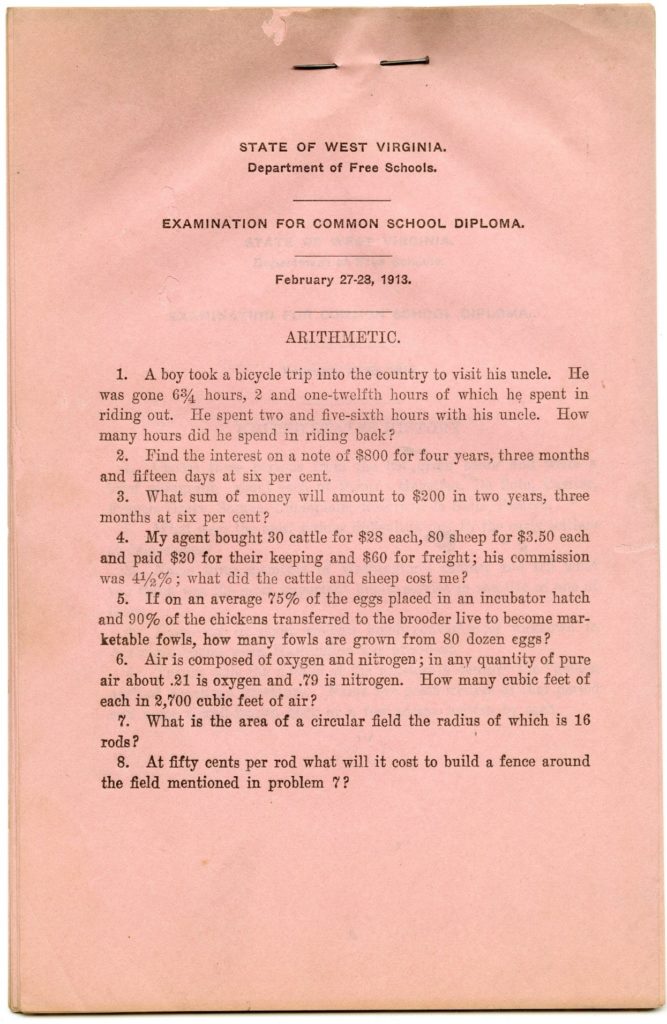 Arithmetic examination from West Virginia public schools, 1913
