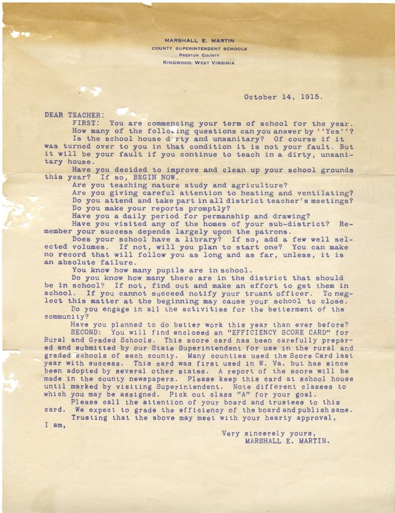 Letter from Preston County Superintendent, October 14, 1915