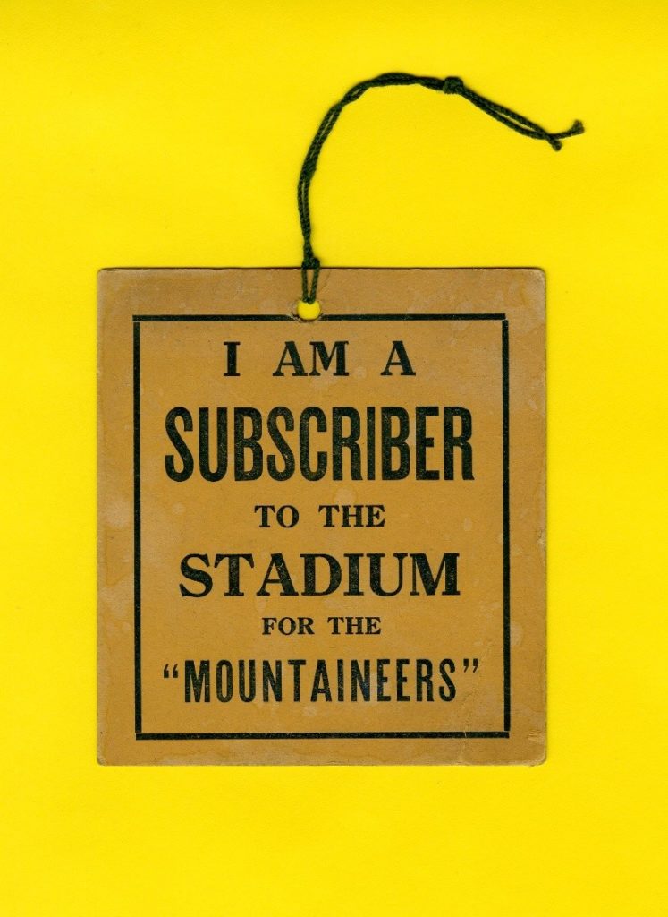 Booster card for construction of WVU's old Mountaineer Stadium below Woodburn Hall, 1924