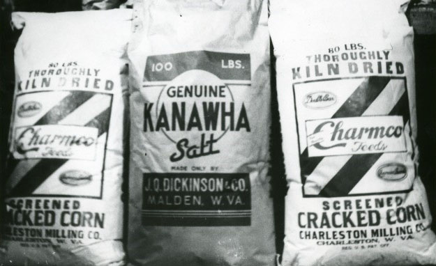 Bags of Charmco Feeds and Kanawha Salt