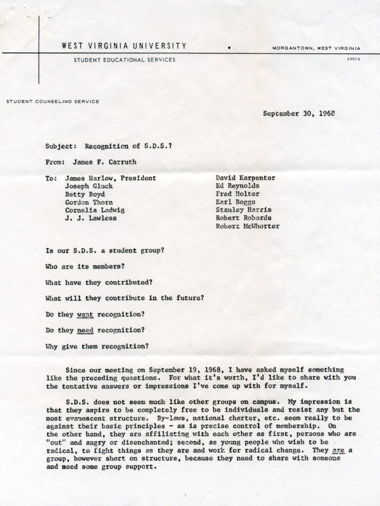 Memo from James F. Carruth with subject line "Recognition of S.D.S.?"