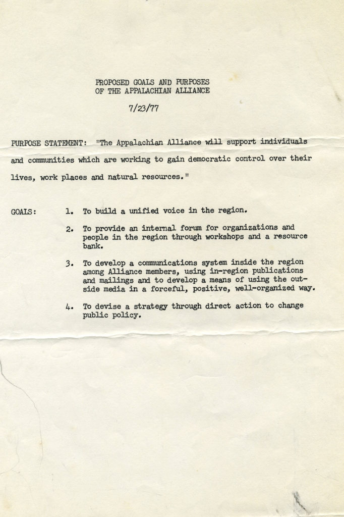 Document titled "Proposed Goals and Purposes of the Appalachian Alliance"