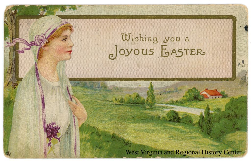 Easter greeting card showing a woman and a green field
