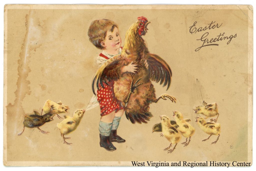 Easter greeting card showing child surrounded by chicks holding chicken