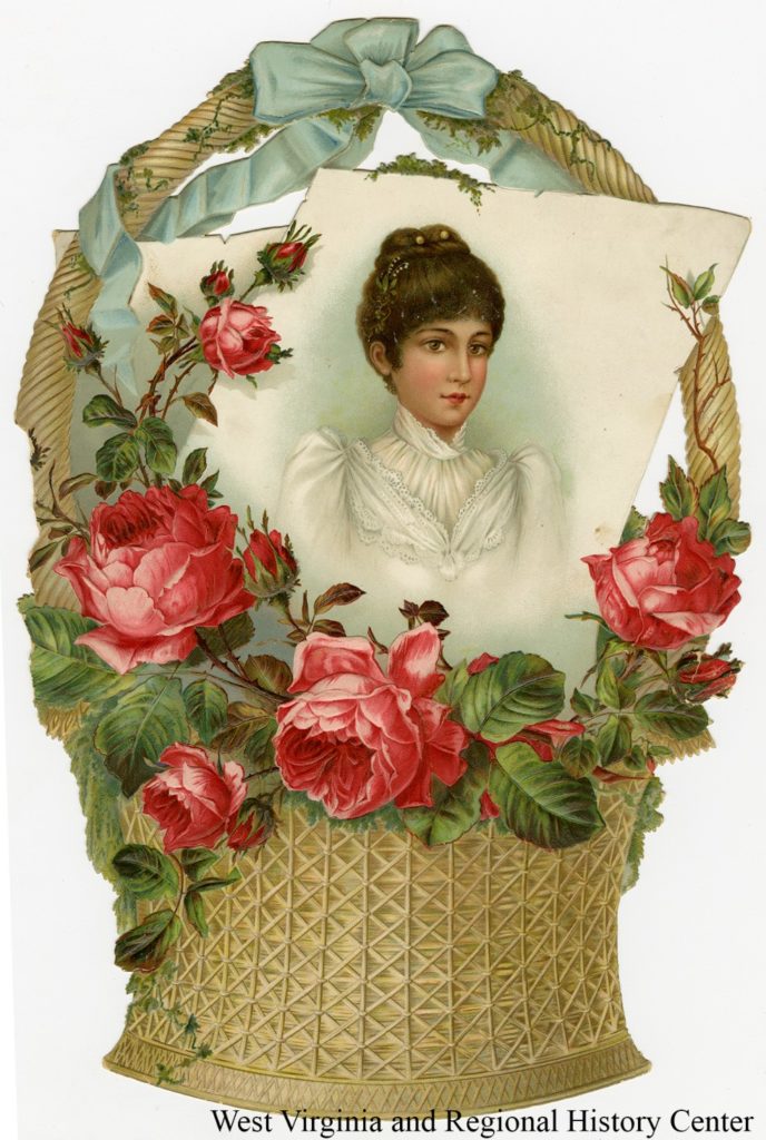 Easter greeting card showing woman's portrait in a basket of roses