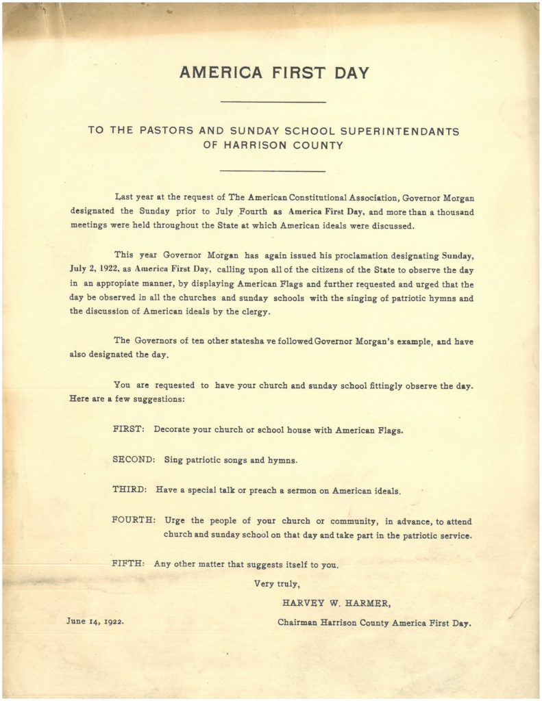 Flyer, "America First Day, To the Pastors and Sunday School Superintendants [sic] of Harrison County"