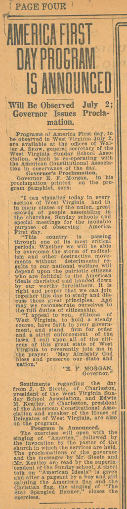 Newspaper clipping, headline "America First Day Program is Announced"