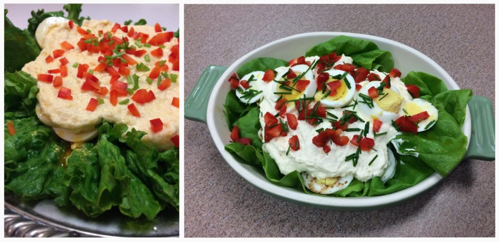 Two images of "egg salad" showing eggs and topping on beds of lettuce