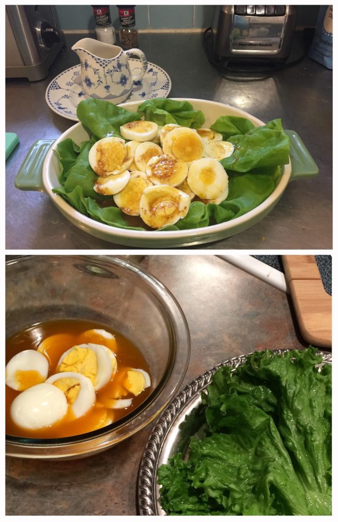 Two images of eggs either on or next to lettuce