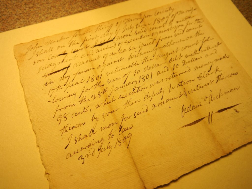 Handwritten Harrison County Court Record involving John Harker and Adam Hickman, 1809