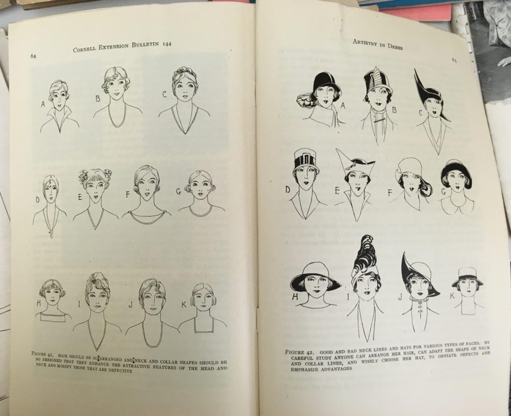 Pages of a booklet showing sketches of women's hairstyles and hat shapes