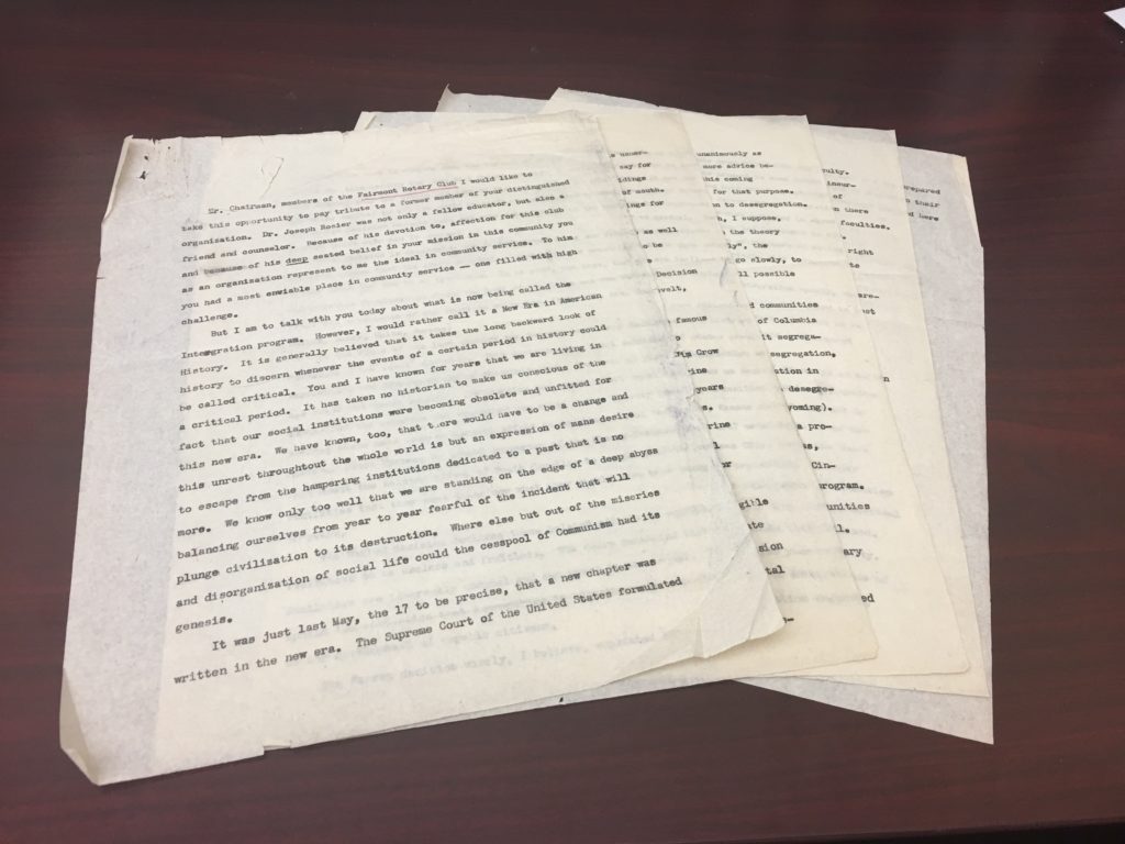 Pages of unpublished typescript speech from the Armstrong Papers, WVRHC