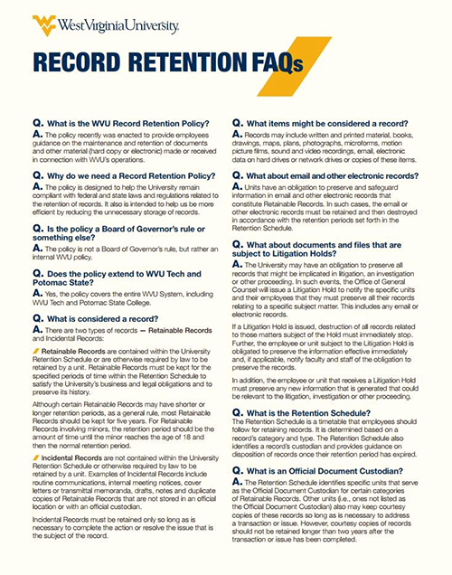 First page of the Record Retention FAQs