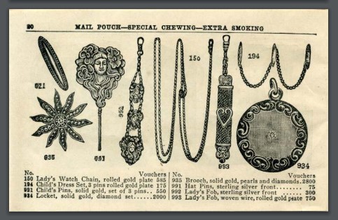 Page from a Mail Pouch Tobacco promotional pamphlet, showing items that vouchers could be redeemed for