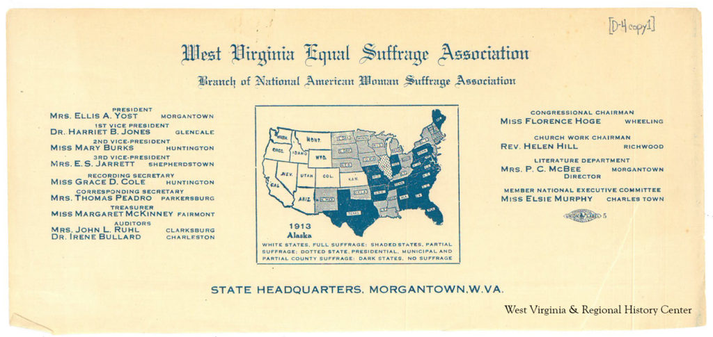 Letterhead of the West Virginia Equal Suffrage Association, ca. 1913, with names of officers listed on it