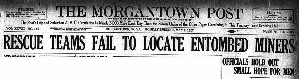 May 2, 1927 headline: Rescue Teams Fail To Locate Entombed Miners