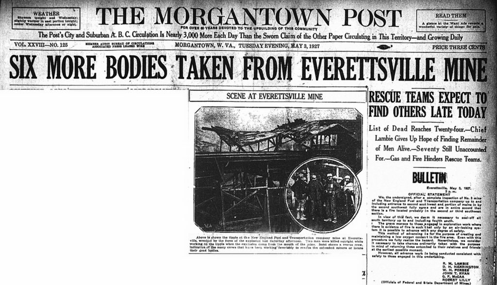 May 3, 1927 headline: Six More Bodies Taken From Everettsville Mine