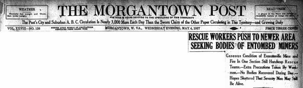 May 4, 1927 headline: Rescue Workers Push to Newer Area Seeking Bodies of Entombed Miners