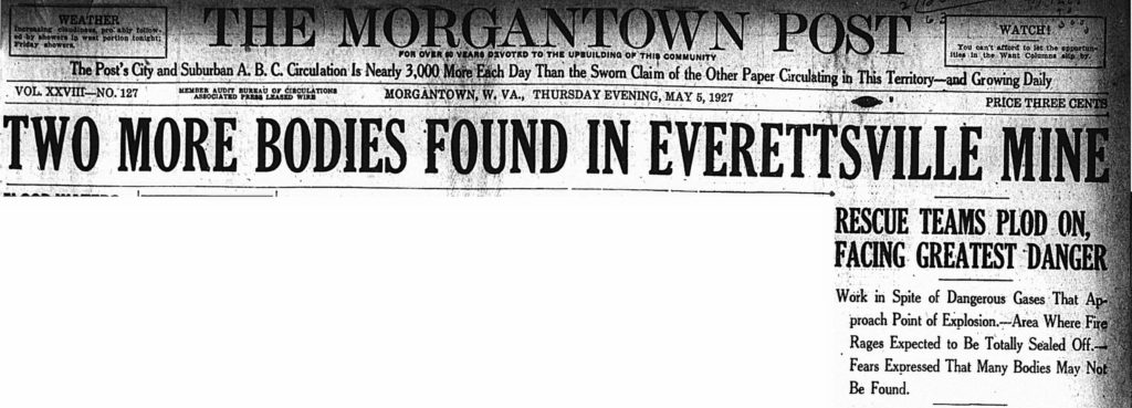 May 5, 1927 headline: Two More Bodies Found in Everettsville Mine