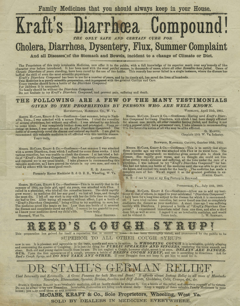 Broadside advertising Kraft's Diarrhoea Compound and two other medicines