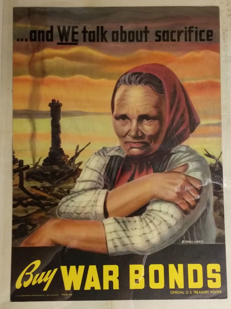 Colored broadside showing a tearful woman with her hair covered in front of rubble, encouraging people to buy war bonds