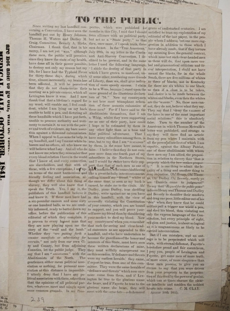 Handbill titled "To the Public" by C.M. Clay, August 16th, 1845