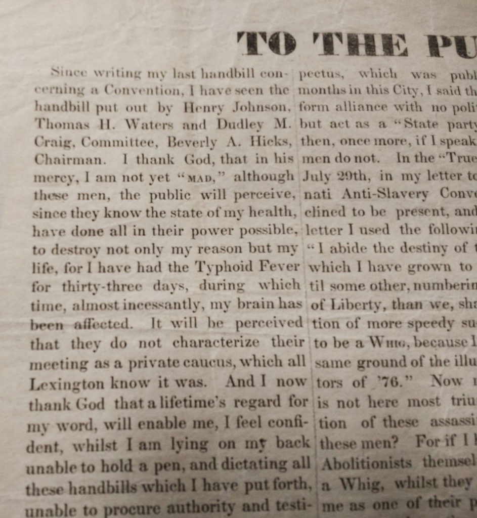 Excerpt of Handbill titled "To the Public" by C.M. Clay, August 16th, 1845