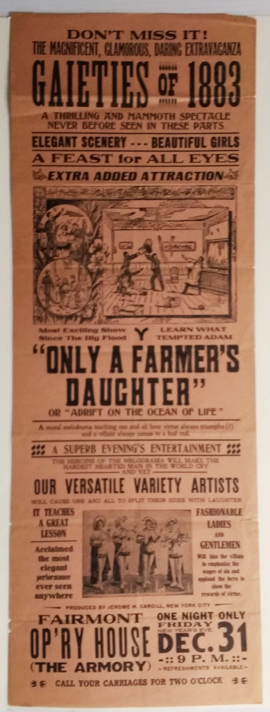 Long broadside advertising "Gaieties of 1883" at the Fairmont Op'ry House
