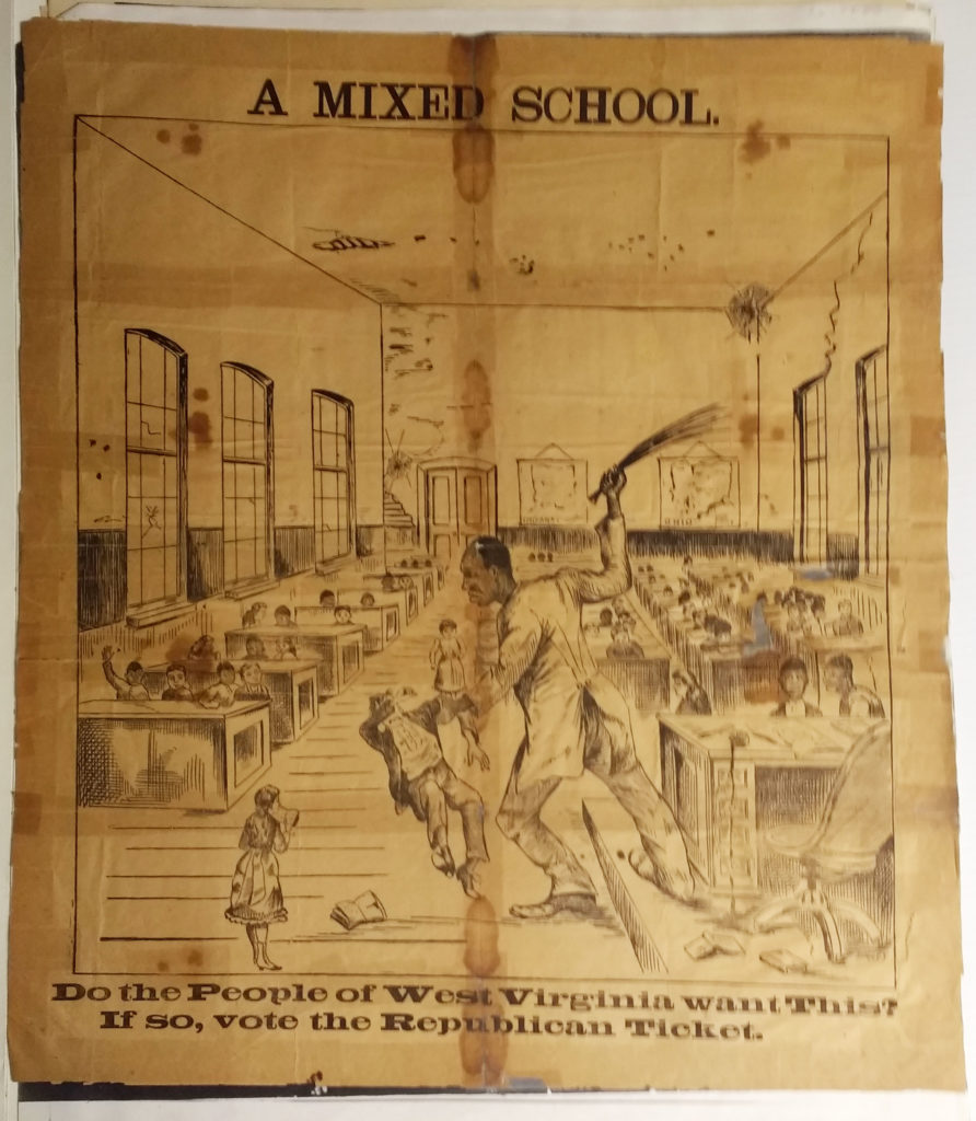 Broadside depicting a black man in a schoolhouse beating a white child, campaigning against integration in schools.